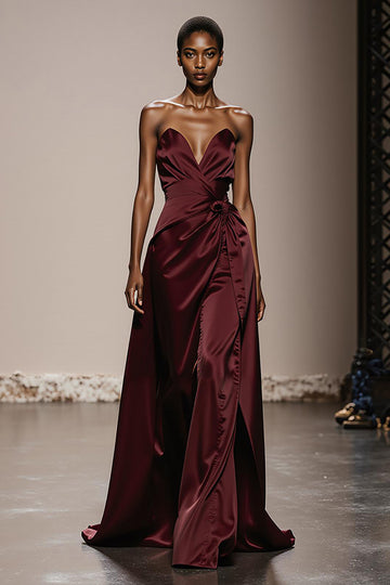 Strapless Burgundy A Line Ruched Long Evening Dress
